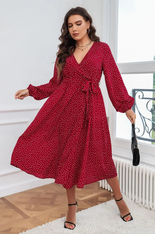 Plus Size Wrap V Neck Dresses Dotted Print Long Sleeves Boho Spring Fall A Line Swing Maxi Dress