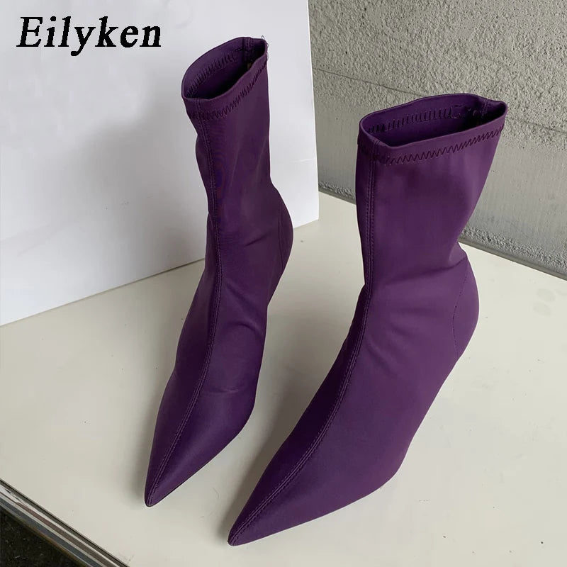 Women's Stretch Fabric Ankle Boots - Pointed Toe Thin High Heels