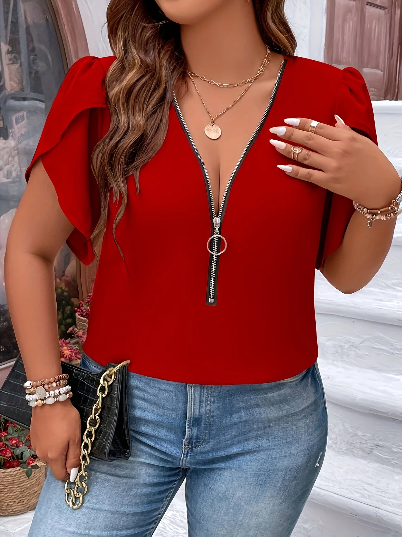 Plus Size Summer Elegant Zipper Chiffon Casual V Neck Blouse