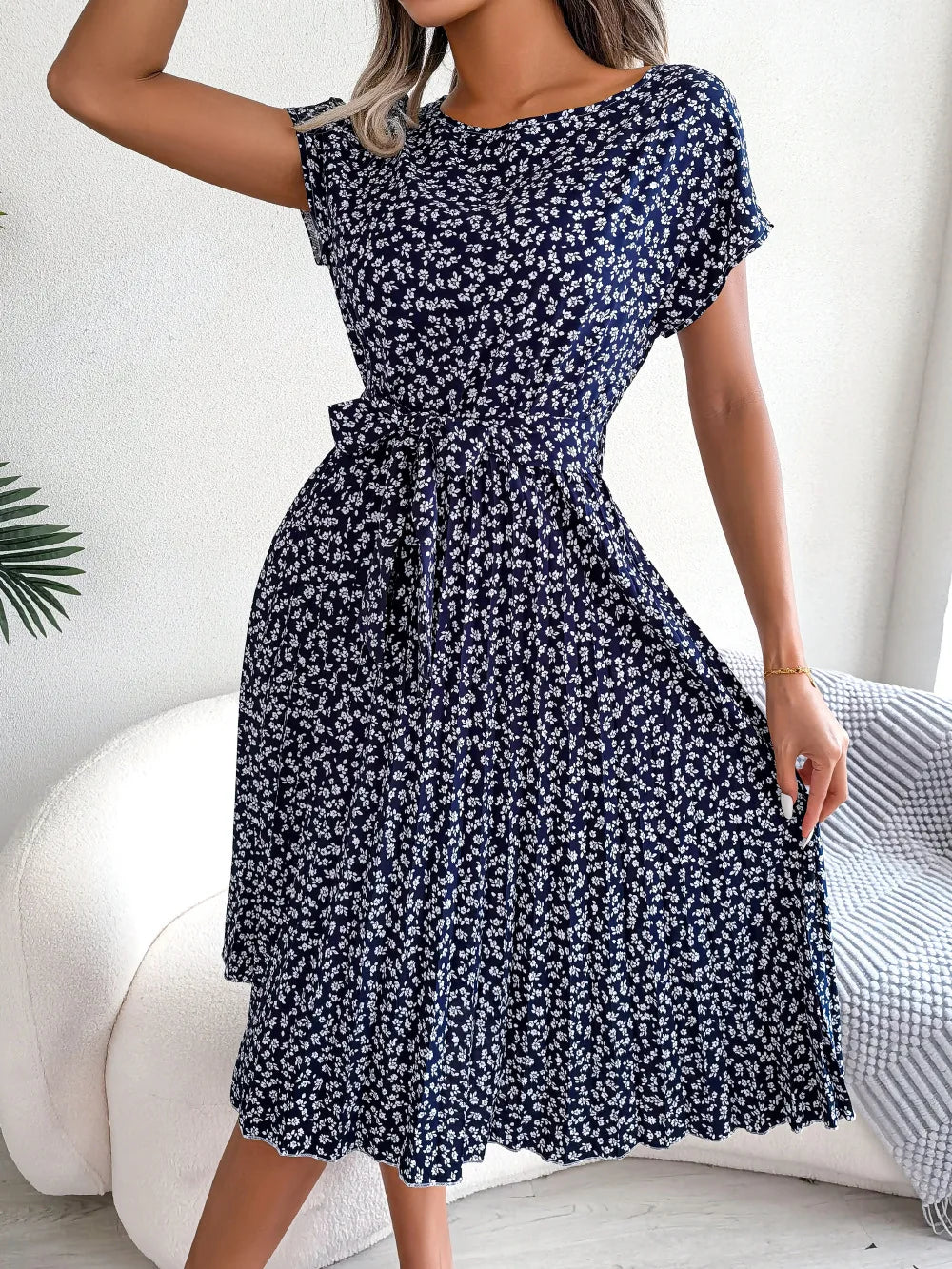 Women Spring Summer Short Sleeve High Waist Fashion Floral Pleated A Line Long Dress.  S-6X