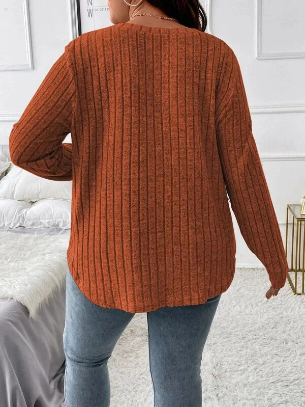 Plus Size Long Sleeve Casual Fashion V Neck Solid Colour Tops