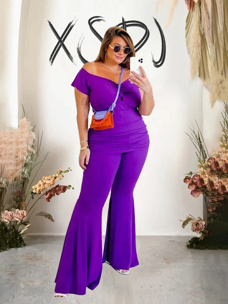 Curvy Flattering Woman's Summer Off Shoulder Top and Pants Sexy Two Piece Set Plus Size.