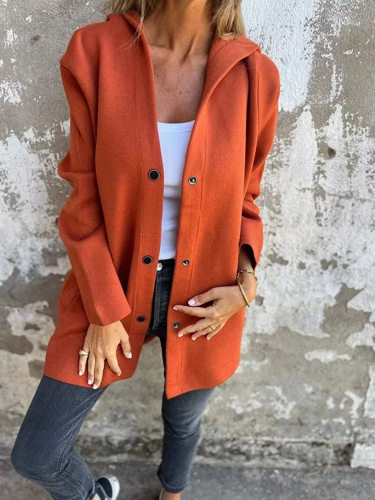 Women solid button hooded pocket jacket casual loose jackets great for fall outerwear fall .  S-2X