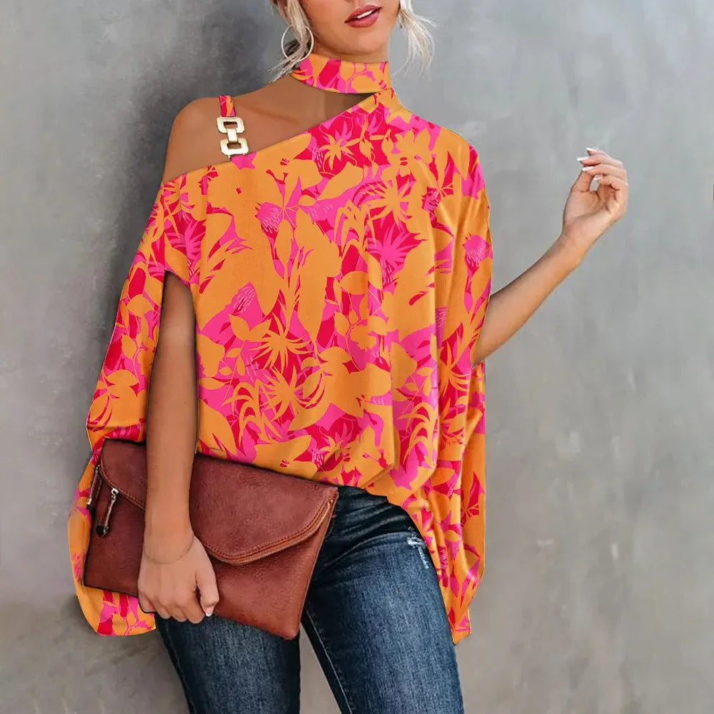 Sexy Halter Loose Blouse Elegant Print Off Shoulder Batwing Sleeve Summer Fashion.  S-2X