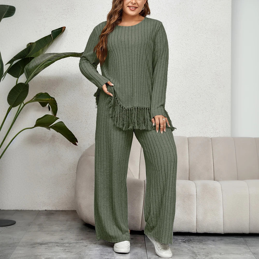 Plus Size 2 Piece Women Pants Set Loose Ribbed Long Sleeve Tassel Irregular Hem Top And Pants