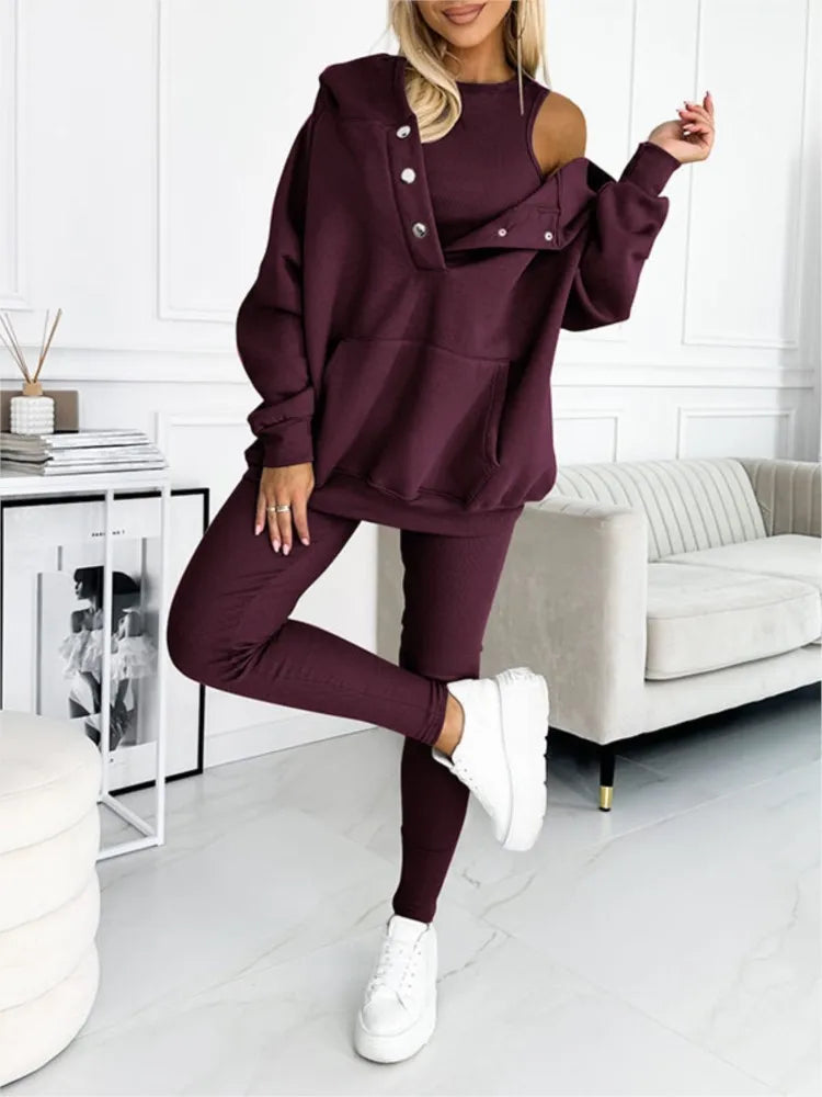 Women's Casual Loose Sport Suit Two-piece Fashion Solid Long Sleeved Hoodie And Sport Long Pant Set.  M-3X