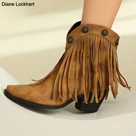 Cowboy Short Boot For Women PU New Tassel Chunky Heel Western Fashion Slip-on  Boots