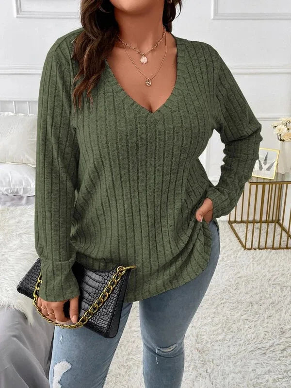 Plus Size Long Sleeve Casual Fashion V Neck Solid Colour Tops