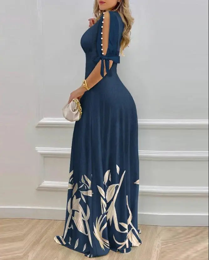 Women's V Neck Dress 2025 Split Sleeve Pearls Decor Maxi Dress.   S-XL