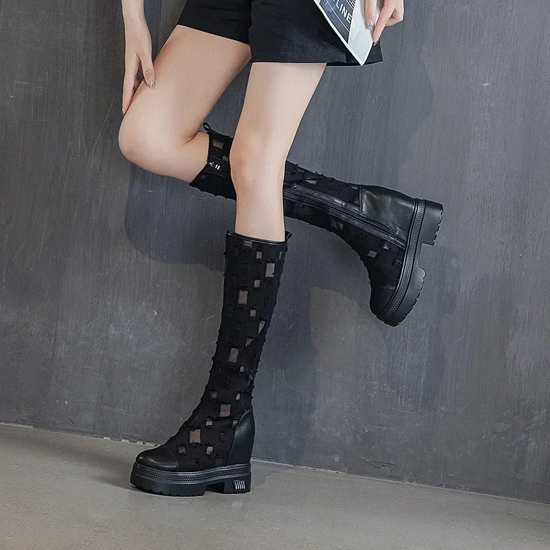 Trendy Boots for Women Summer Denim Canvas Thick Soled Breathable Hollow Mesh Inner Heightening