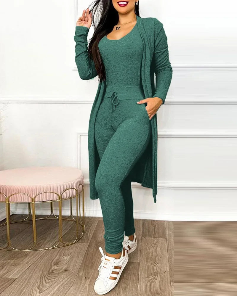 Drawstring Pocket Design Jumpsuit & Coat Set Solid Colour  Slim Fit Pencil Pants Fashion.  S-2X