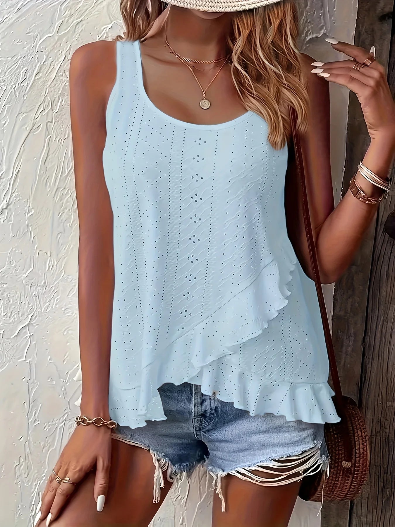 New 2025 Spring Summer Elegant Plus-Size Round Neck Sleeveless Top Solid Color with Lace Details and Irregular Ruffled Hem .  1X-5X