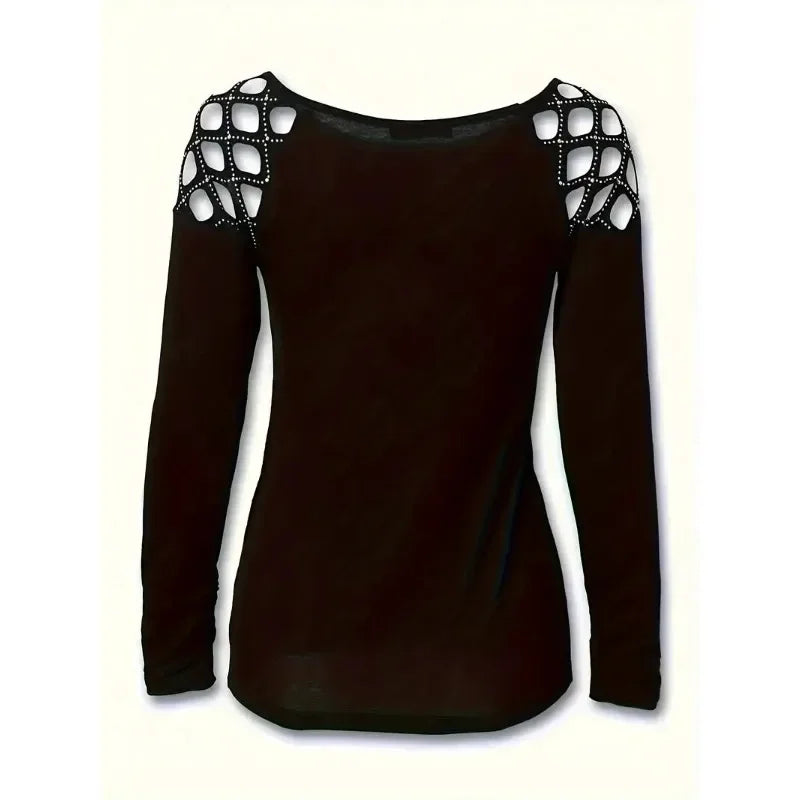 Women's Heart Print Hollow Out Long Sleeve Round Neck Slight Stretch Shirt.  S-2X