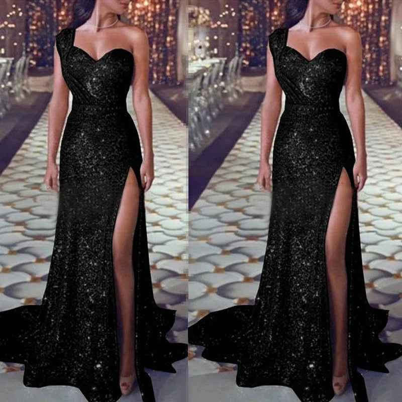 Women Sexy One Shoulder High Split Irregular Dress New Fashion Shiny Sequin Long Evening Lady Elegant Party Dress.  S-3X