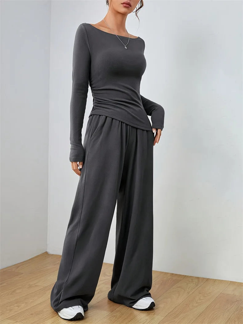 Relaxed Women's Two-Piece Wide-Leg Pant Set Soft And Comfortable Style.