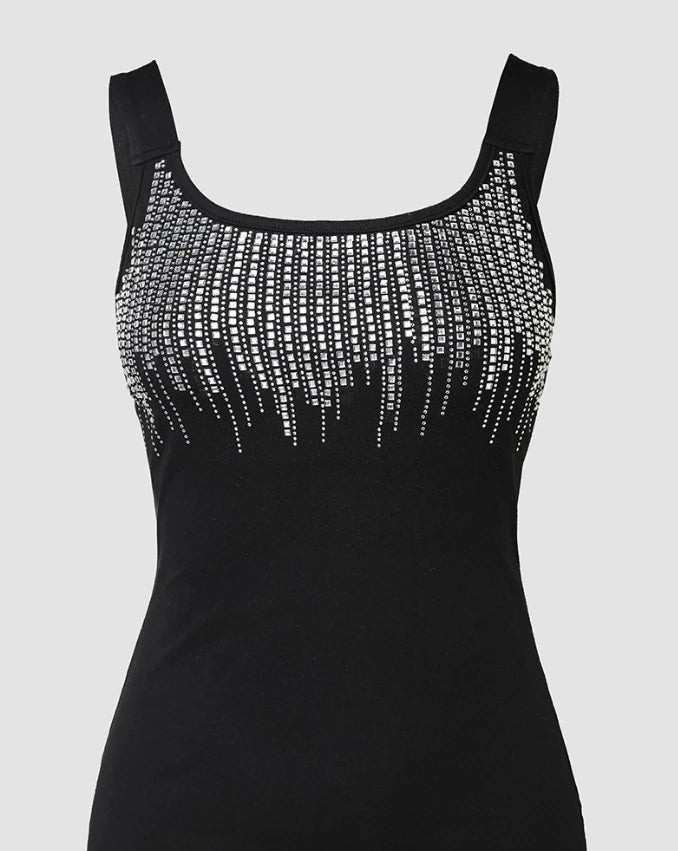 Ladies 2025 Summer Fashion Rhinestone Decor Round Neck Sleeveless Casual Plain Skinny Daily Tank Top.