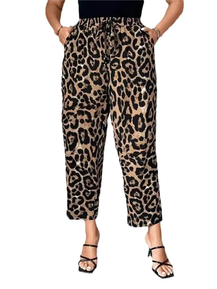 Plus Size Leopard Print Summer Elastic High Waist  Women Casual Fashion Ladies Trousers Loose Pleated Pants
