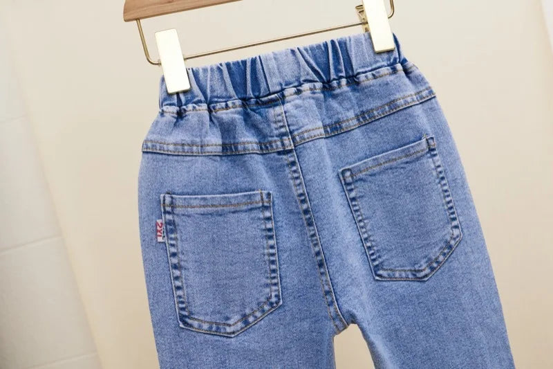 Girls' Jeans Spring and Autumn New Casual 3-12 Year Old Children's Loose Flare Pants Lace Pearl Girls' Denim Pants