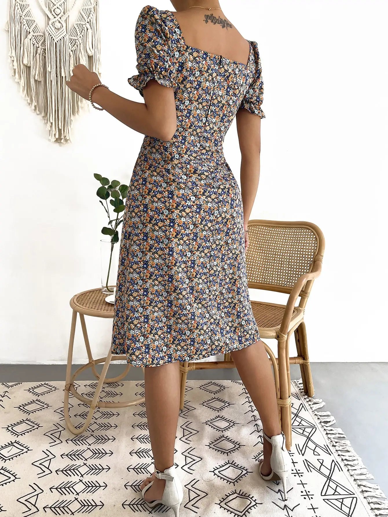 Elegant fashion women's dress, elegant print slit dress.  xS-2x