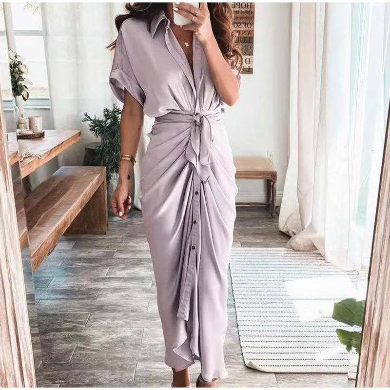 Summer Fashion Printed Short Sleeve Dress Vintage Waist Tie-up Button Bandage Long Dress.  S-3x