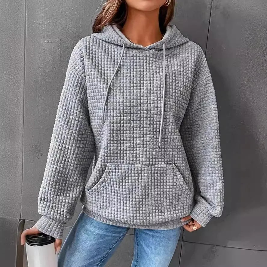 Women's hooded sweatshirt spring and autumn style waffle fashion beautiful solid color hooded drawstring loose sweatshirt.  S-2XL