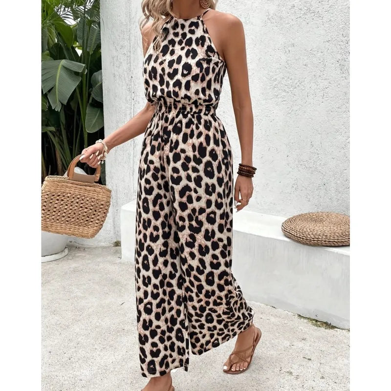 Summer Sexy Leopard Jumpsuit Women 2025 New Elastic Waist Sleeveless Jumpsuit.  S-2X