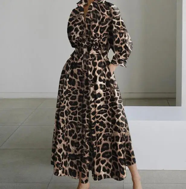 Women Fashion Leopard Print Long Sleeve Swing long Elegant Dress .  S-5X