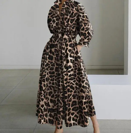 Women Fashion Leopard Print Long Sleeve Swing long Elegant Dress .  S-5X