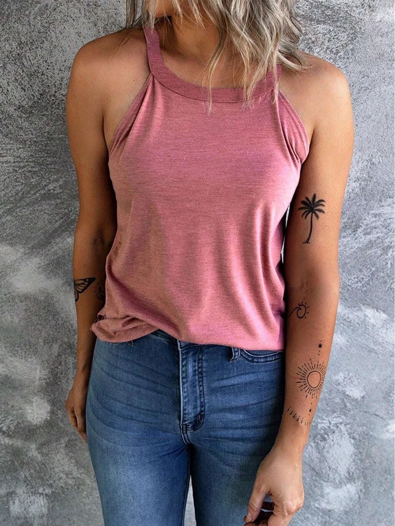 Women's Summer Sleeveless Halter Tee Shirts Crew Neck Workout Tank Tops Casual Plain Shirts.   S-2X