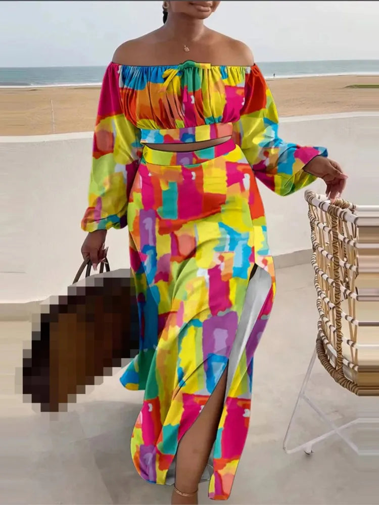 Casual Off Shoulder Sexy Slit Printed Loose Long Skirt Two Piece Set For Women Vacation Summer Outfit.  S-3X