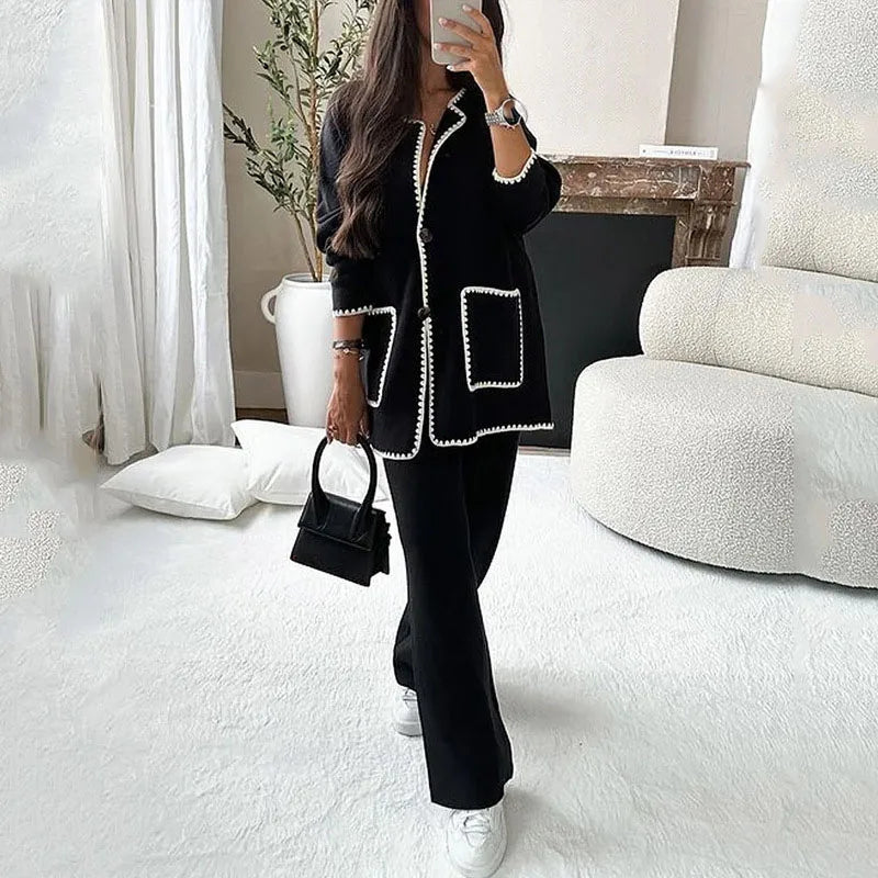 Ladies Two Pieces Long Sleeve Knit Pocket Single Breasted Cardigan And Pants Elegant Fashion Warm Comfortable set