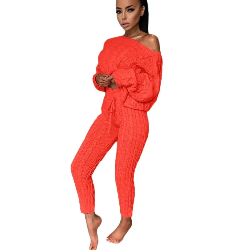 Ladies Comfy Two Piece Set Autumn and Winter Wear Pant Suit Solid Casual Knitted Sweater Set