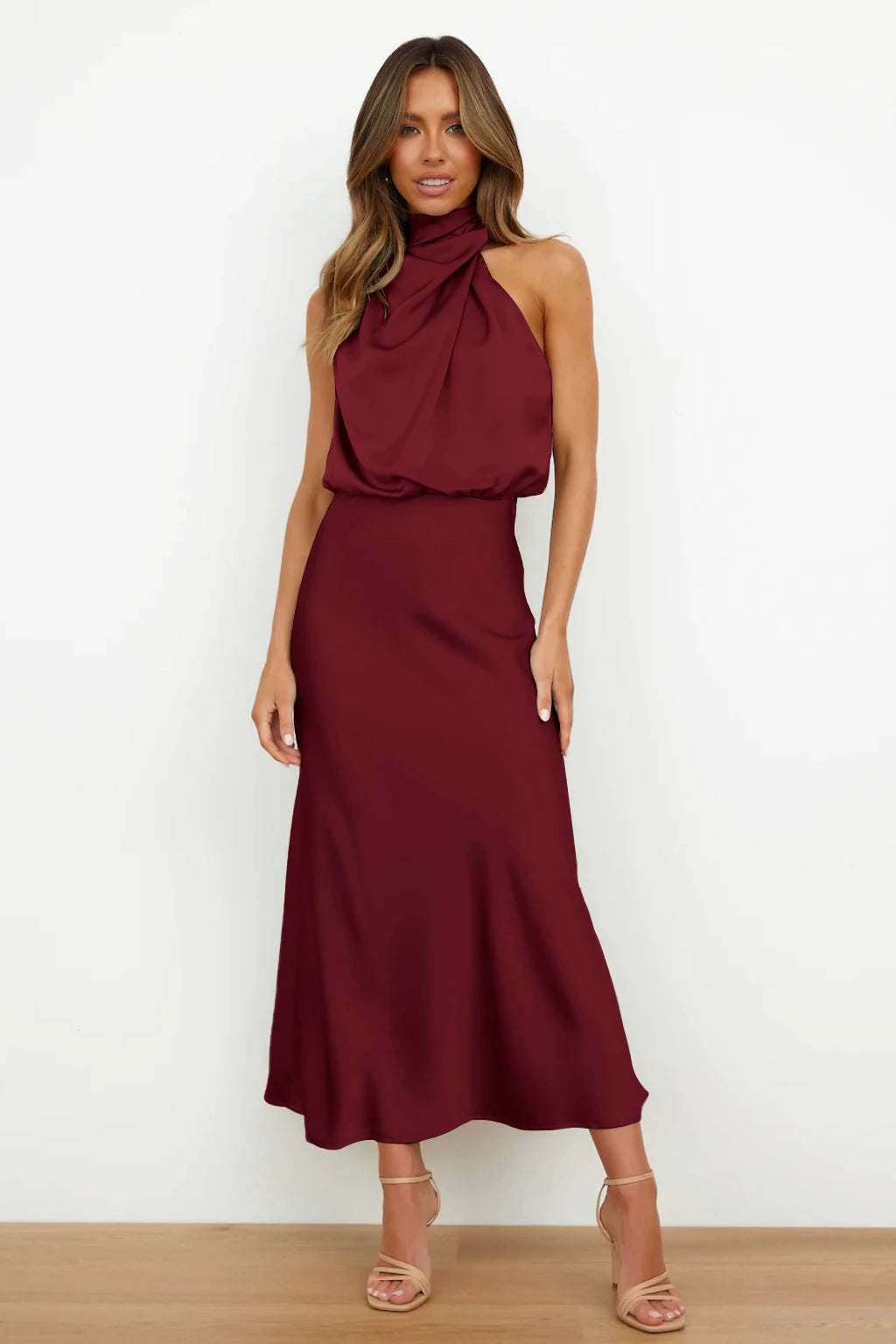 2025 Spring/Summer Long Dress for Women High Waist Halter Satin Sleeveless Elegant Solid Evening Party Dress.  S-XL