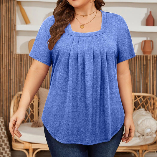 Plus Size Woman Solid Colour Short Sleeve T-shirt Elegant Pleated Square Neck Casual Tee