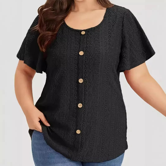 Plus Size Summer Women Shirt Elegant Casual Solid Short Sleeve Loose Fit Button Top