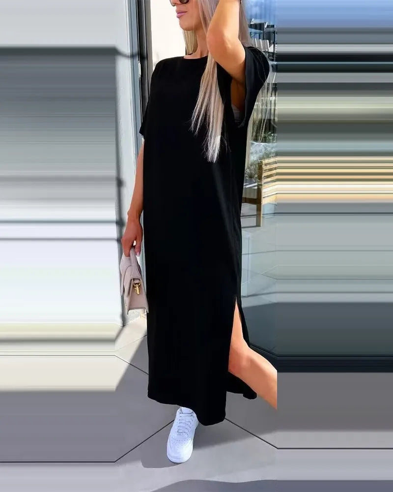 Simple O Neck Short Sleeve Solid Dress For Women Summer Casual Loose Split Long Dress.   S-2xL