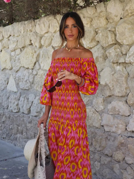 Women Summer Party Holiday Lady Print Ruffle Pleated Long Dress Fashion Off Shoulder Puff Sleeve Midi Dress.  XS-L