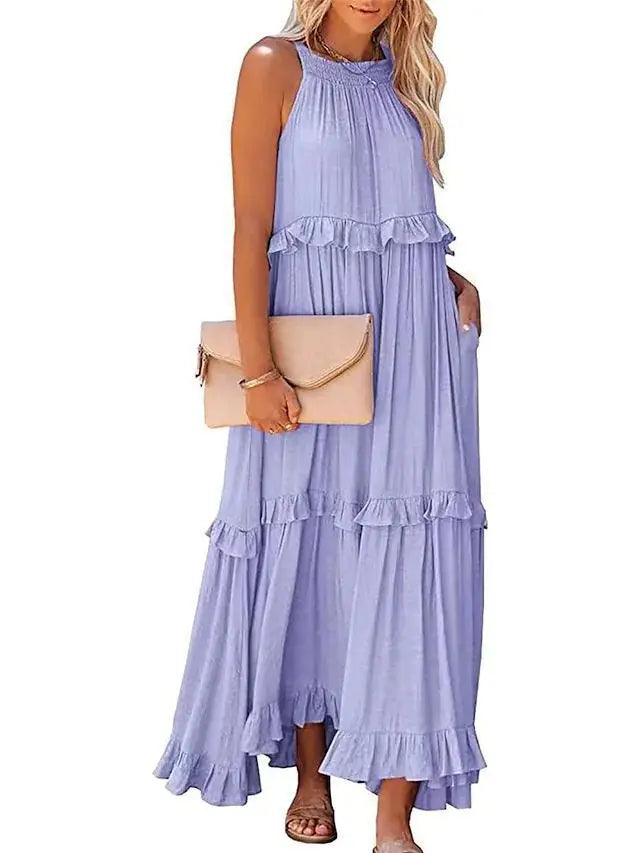 Women's Spring Summer New Collection Solid Colour Fashionable Ruffle Edge Long Dress.  S-xxL