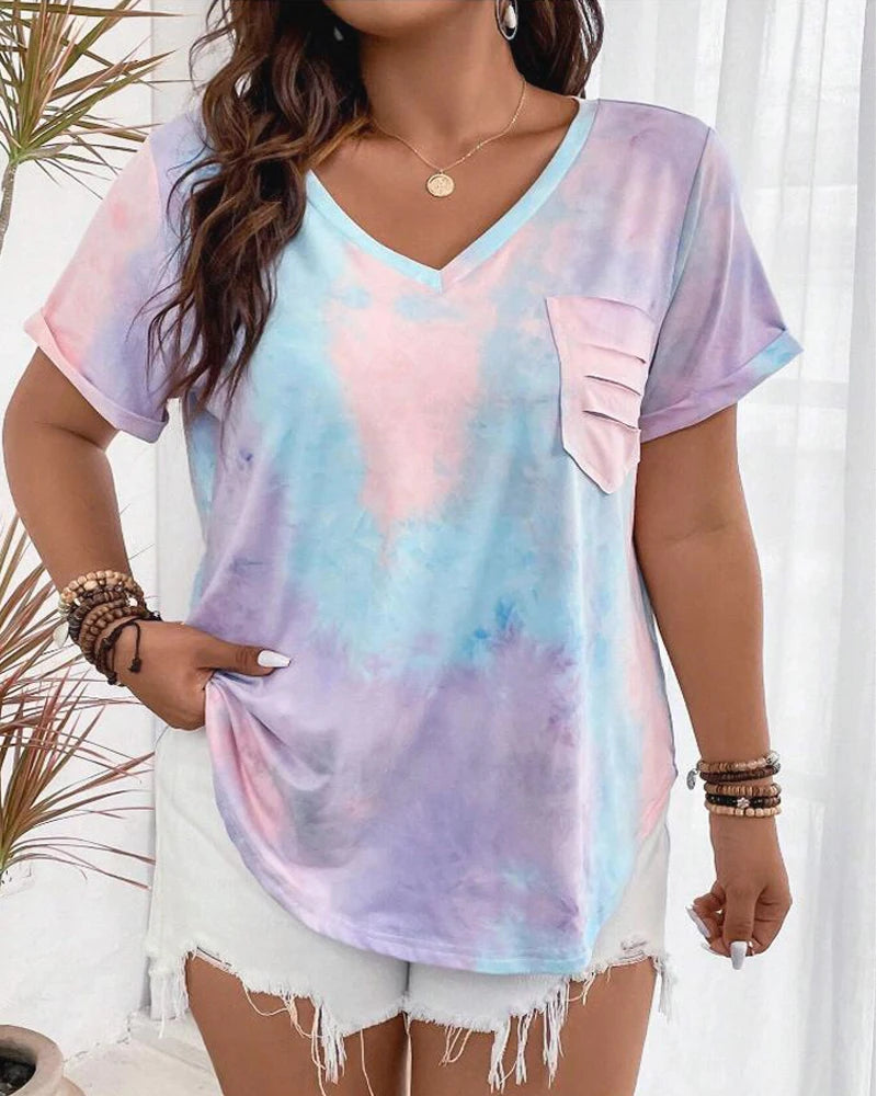New Plus Size European Women's Casual V-neck Printed Pocket T-shirt