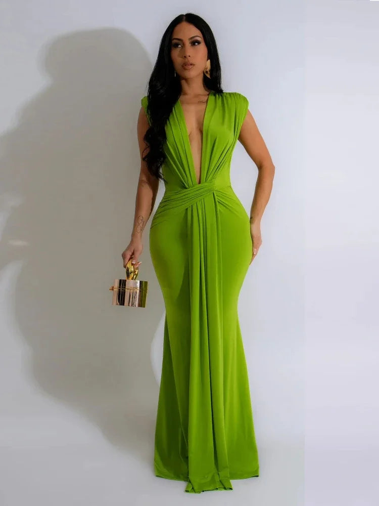 Elegant Ruched Body-con Maxi Dress for Women Party Evening Deep V-neck Sheath Celebrity Formal Long Dress.  S-2X