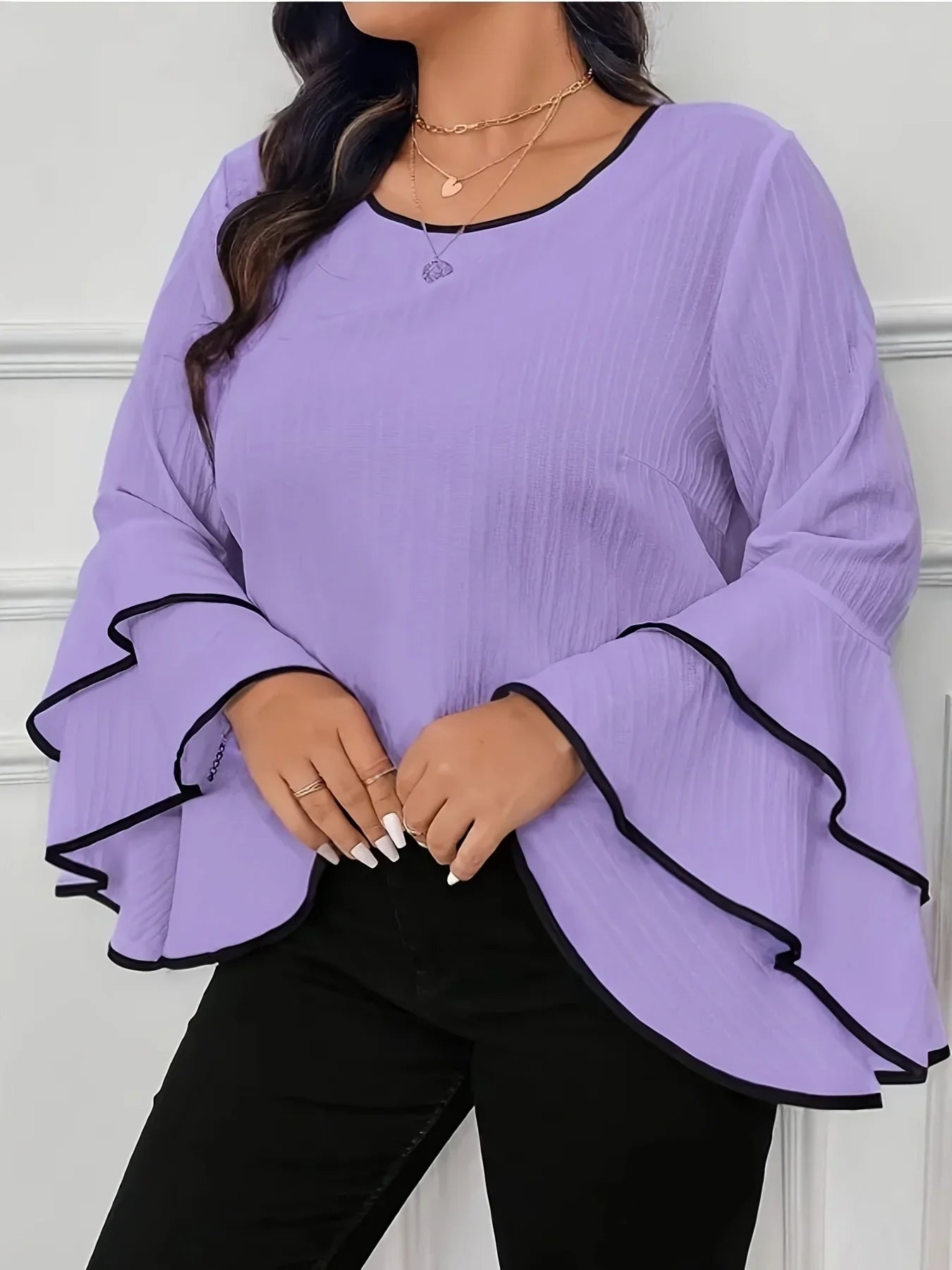 Plus Size New Relaxed Fit Very Flattering Flared Long-sleeved Top