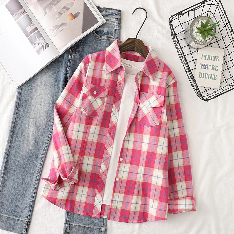 Cotton Flannel Plaid Casual Slim Fit Long Sleeve Top.  XS-3XL