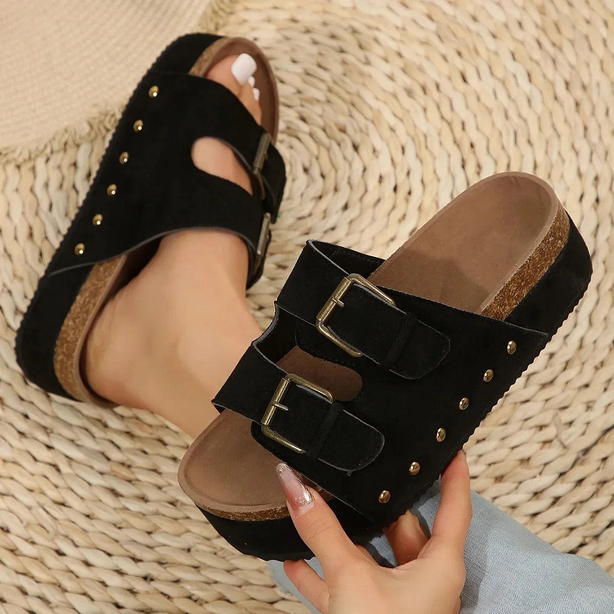 Top Quality Thick Bottom Buckle Cropped Studded Sandals.