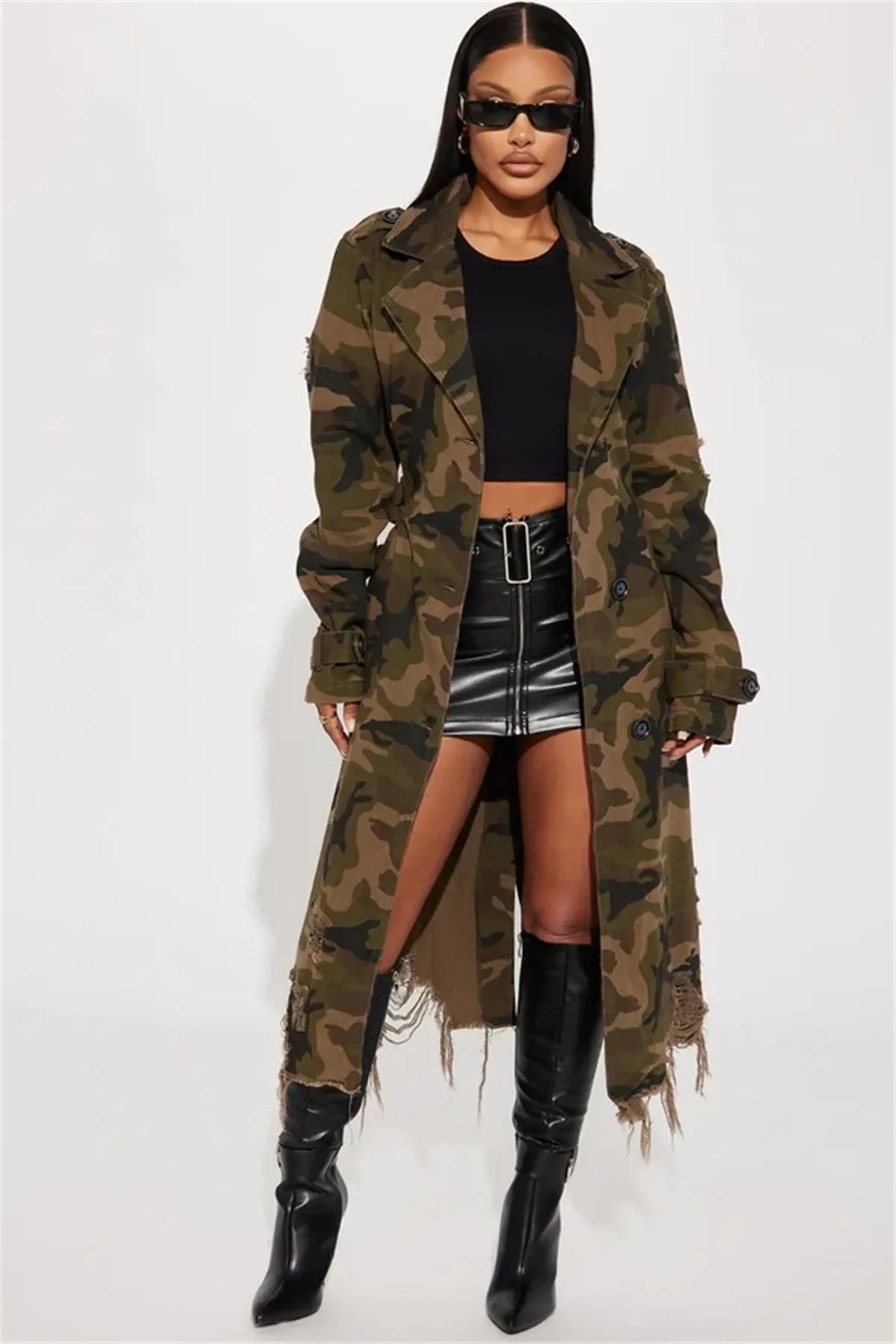 Camouflage Ripped Trench Style Jacket Sashes Single Breasted 2025 Women Street-wear Jacket.  S-2X