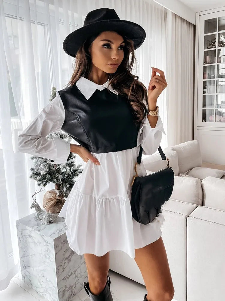 Summer Casual Long Sleeve Shirt/ Dress For Women PU Leather Sweet Lady Mini Dresses.  S-2X
