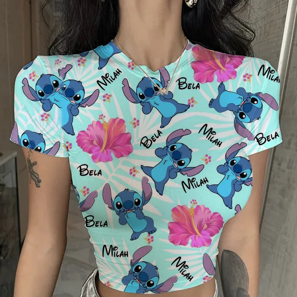 Women Lilo & Stitch Women T-Shirt Slim Crop Top Cartoon Casual Tee Y2k Street Wear .