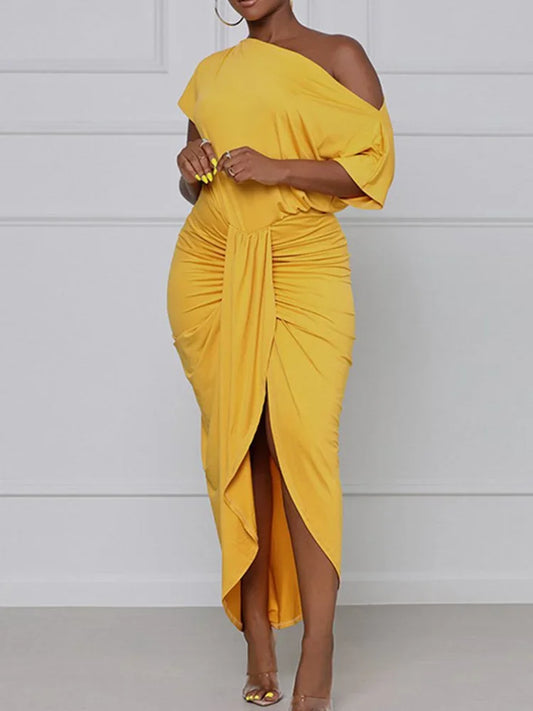 Plain Sexy Skew Neck Sheath Draped Maxi Dress Short Sleeve Party Dress.  S-2X