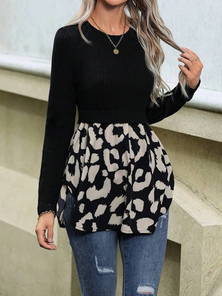 Women Autumn Round Neck Leopard & Knit Patchwork Long Sleeve Top S-XL
