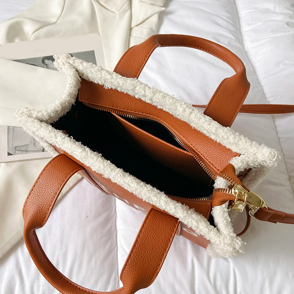 Winter Soft Lamb Wool Stitching Top-Handle PU Leather Fashion Small Cross-body Letter Print Square Tote Bag