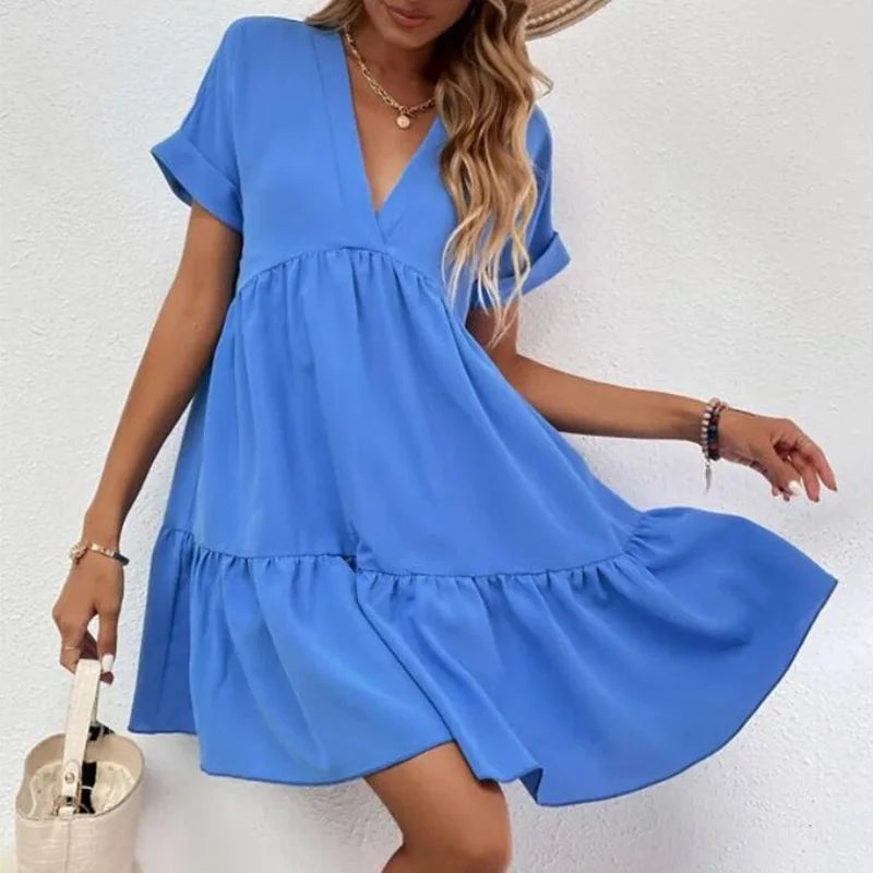 Women's Casual Short Skirt Fresh  Sweet V-neck Cake Solid Color Big Swing Elegant Summer New Solid Color Holiday Mini Dress